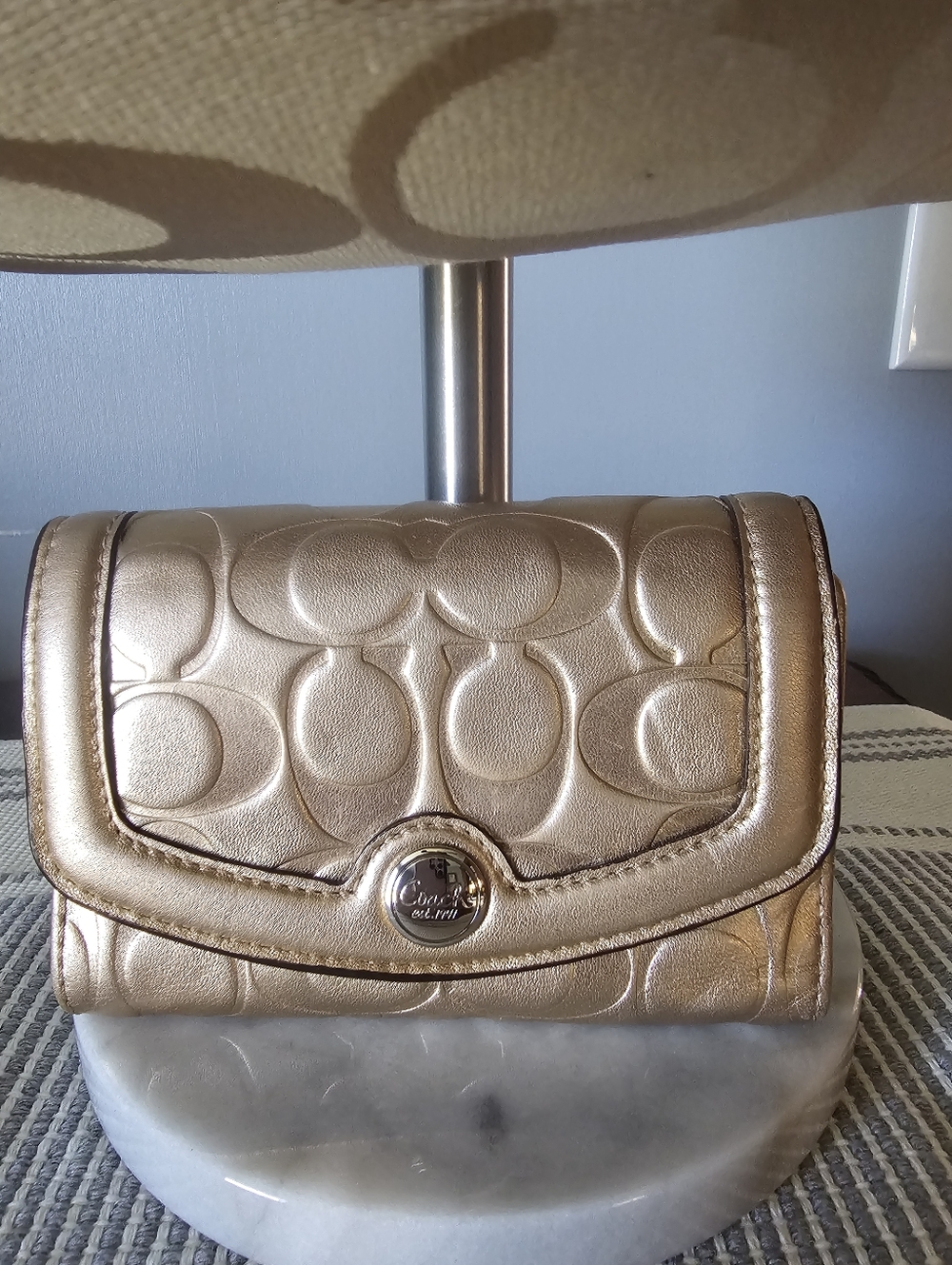 Coach Metallic Champagne Signature Fold-Over Clutch